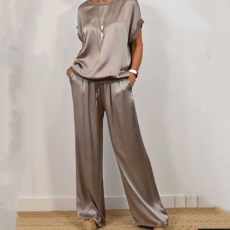 🎉Limited Sale🎉Women's Satin Short Sleeve Top & Pants 2-Piece Set