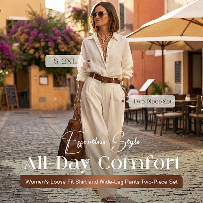 💥Women's Loose Fit Shirt & Wide-Leg Pants Two-Piece Set