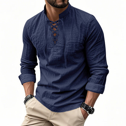 💎 50% OFF! 💎 Men's Casual Solid Color Shirt – Lace-Up Neck, Modern Stand Collar & Breathable Cotton Blend 👔