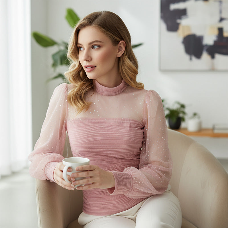 Faux Pearl Embellished Sheer Mesh Top with Lantern Sleeve