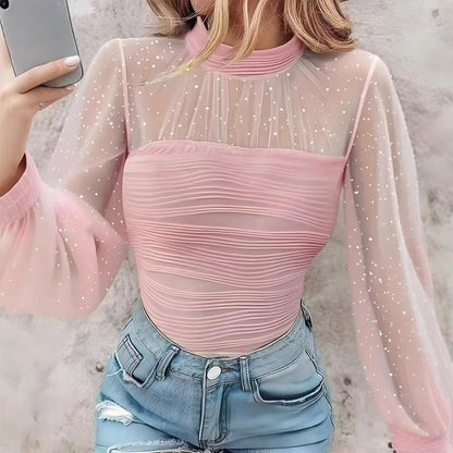 Faux Pearl Embellished Sheer Mesh Top with Lantern Sleeve