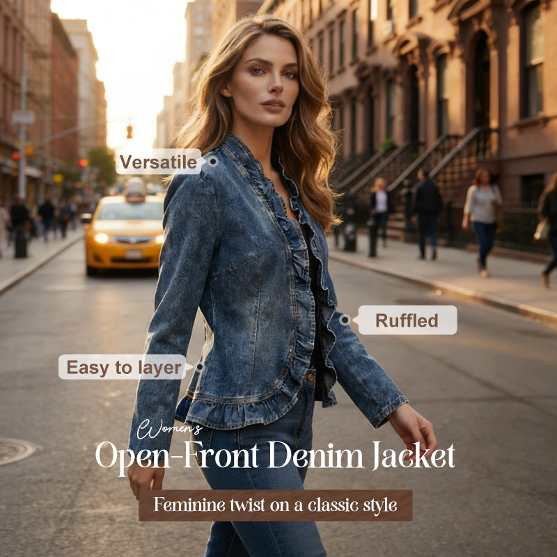 Women's Ruffle Trim Open-Front Denim Jacket