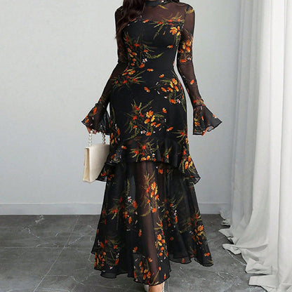 Floral Print Sheer Mesh Ruffle Hem Maxi Dress