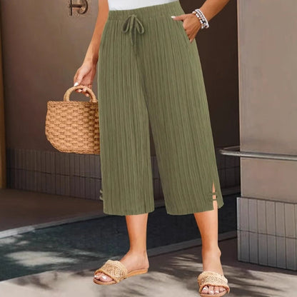 💖Women's Ribbed Wide-Leg Capri Pants with Pockets