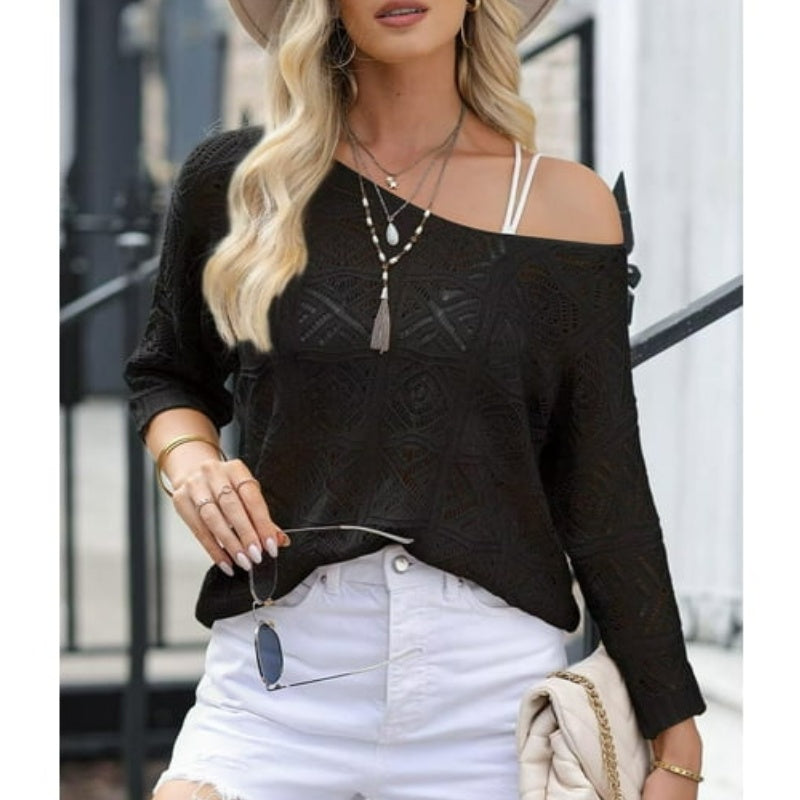 💥Women's Summer Crochet Openwork 3/4 Sleeve Pullover Knit Top