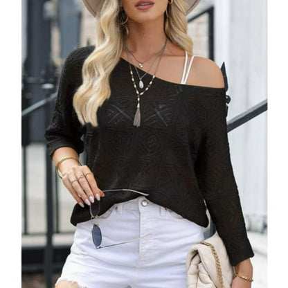 💥Women's Summer Crochet Openwork 3/4 Sleeve Pullover Knit Top