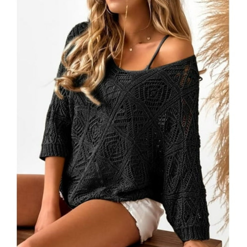 💥Women's Summer Crochet Openwork 3/4 Sleeve Pullover Knit Top