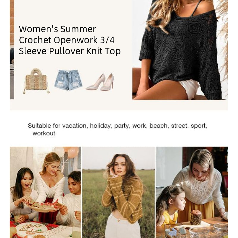 💥Women's Summer Crochet Openwork 3/4 Sleeve Pullover Knit Top