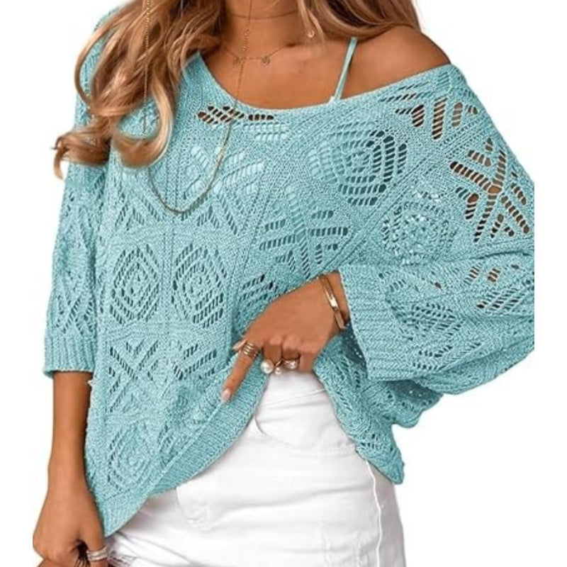 💥Women's Summer Crochet Openwork 3/4 Sleeve Pullover Knit Top