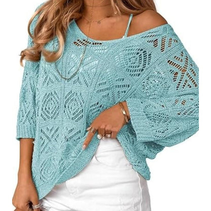 💥Women's Summer Crochet Openwork 3/4 Sleeve Pullover Knit Top