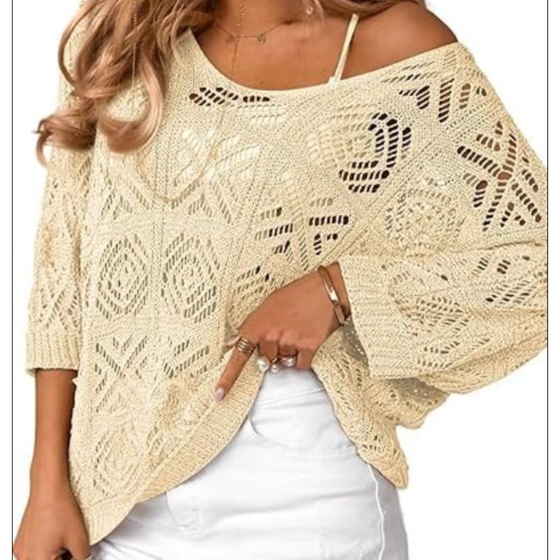 💥Women's Summer Crochet Openwork 3/4 Sleeve Pullover Knit Top
