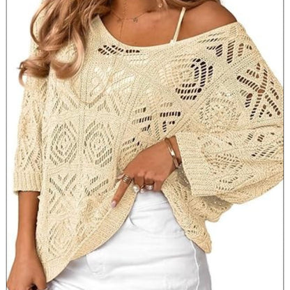 💥Women's Summer Crochet Openwork 3/4 Sleeve Pullover Knit Top