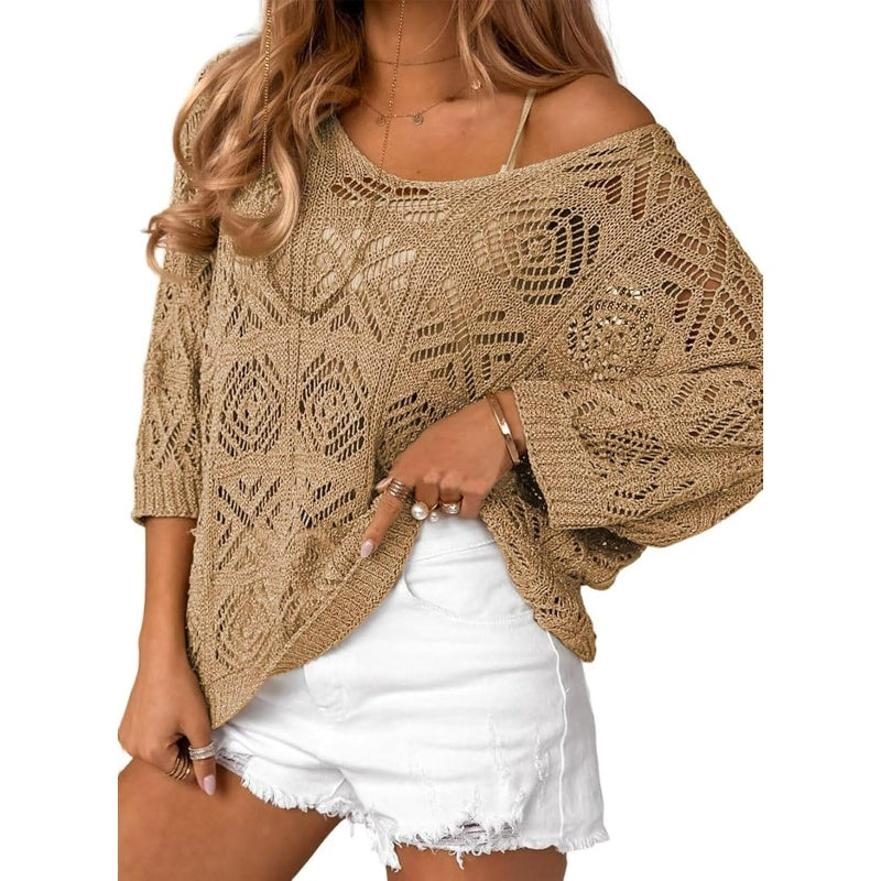 💥Women's Summer Crochet Openwork 3/4 Sleeve Pullover Knit Top