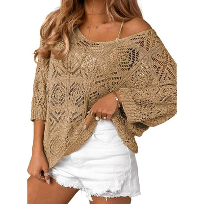💥Women's Summer Crochet Openwork 3/4 Sleeve Pullover Knit Top
