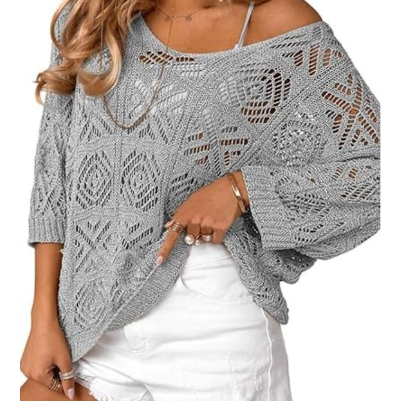 💥Women's Summer Crochet Openwork 3/4 Sleeve Pullover Knit Top