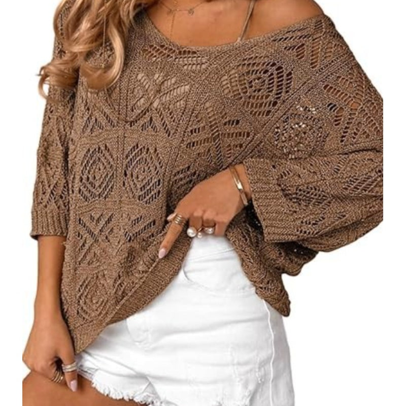 💥Women's Summer Crochet Openwork 3/4 Sleeve Pullover Knit Top
