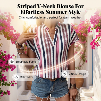Women's Striped V-Neck Short Sleeve Blouse