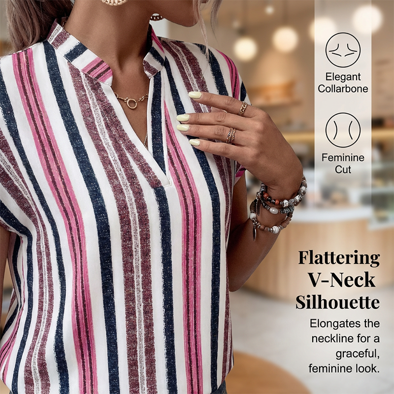 Women's Striped V-Neck Short Sleeve Blouse