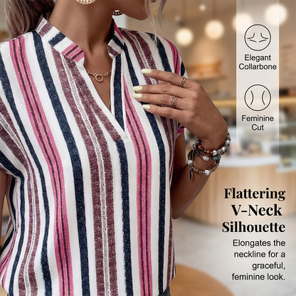 Women's Striped V-Neck Short Sleeve Blouse