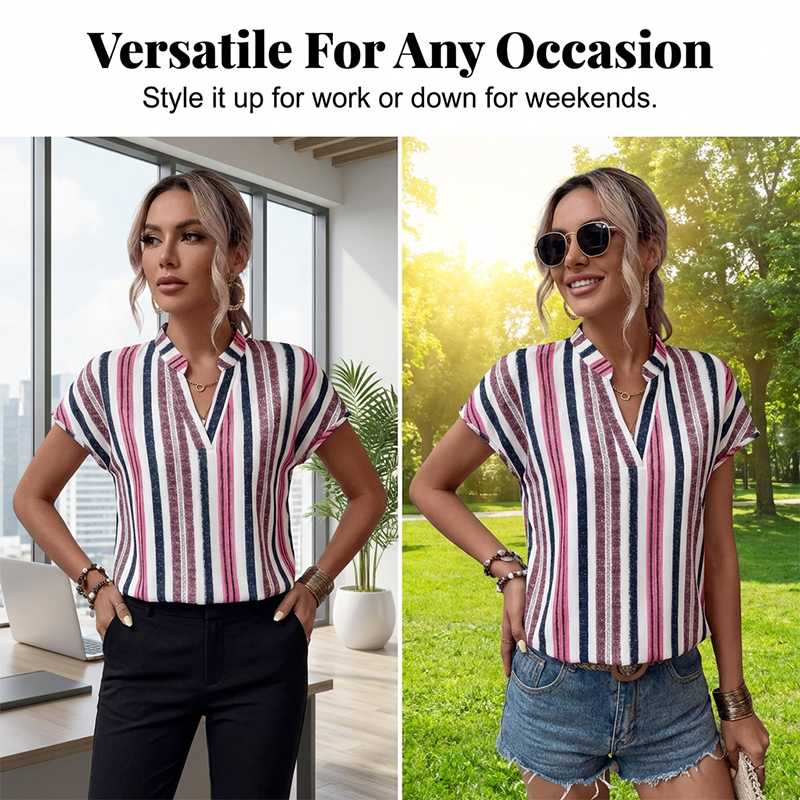 Women's Striped V-Neck Short Sleeve Blouse