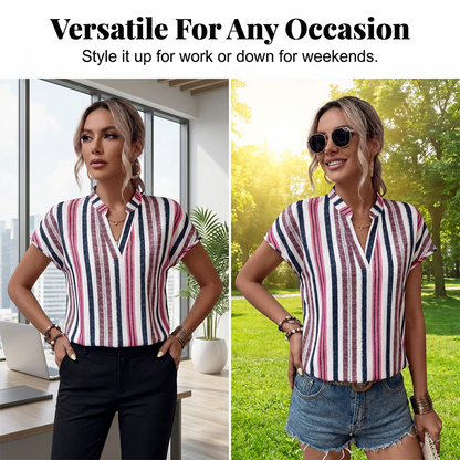Women's Striped V-Neck Short Sleeve Blouse