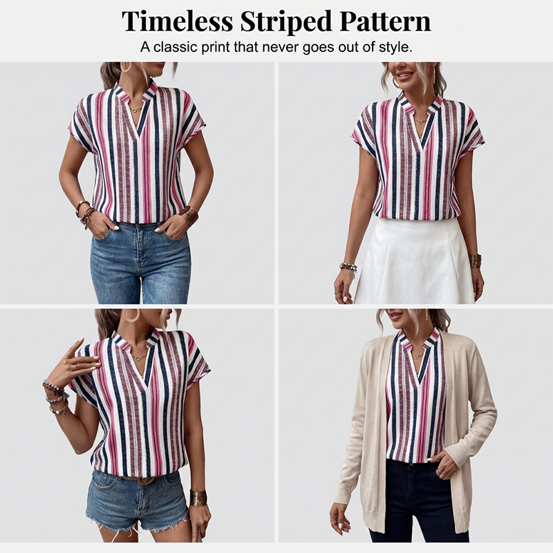 Women's Striped V-Neck Short Sleeve Blouse