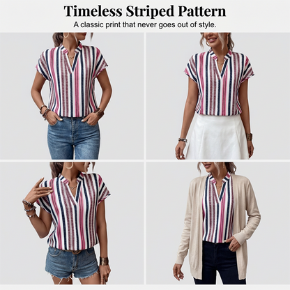 Women's Striped V-Neck Short Sleeve Blouse