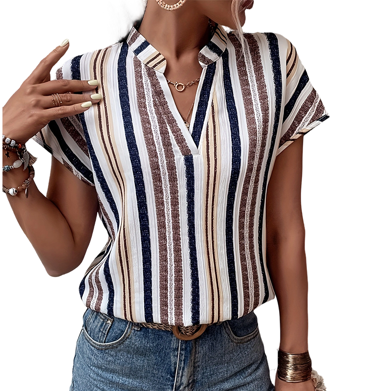 Women's Striped V-Neck Short Sleeve Blouse