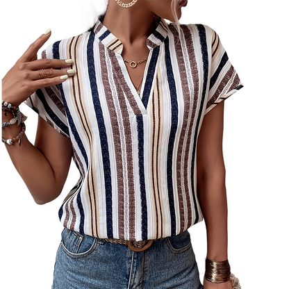 Women's Striped V-Neck Short Sleeve Blouse