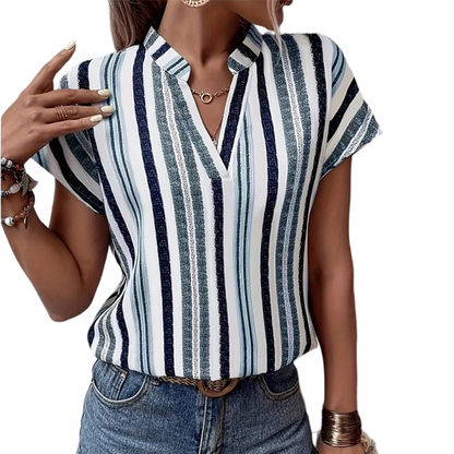 Women's Striped V-Neck Short Sleeve Blouse