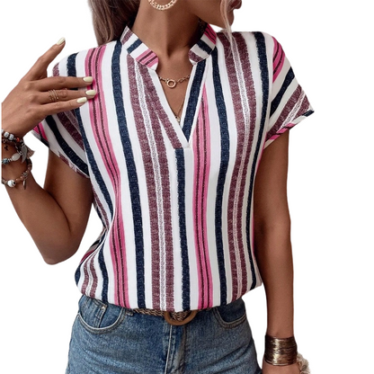 Women's Striped V-Neck Short Sleeve Blouse