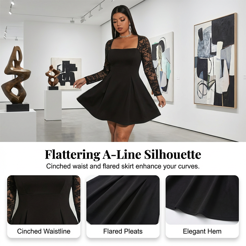 Women's Plus Size A-Line Mini Dress with Lace Sleeve
