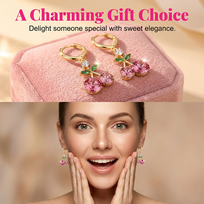 Sparkling Crystal Cherry Dangle Hoop Earrings