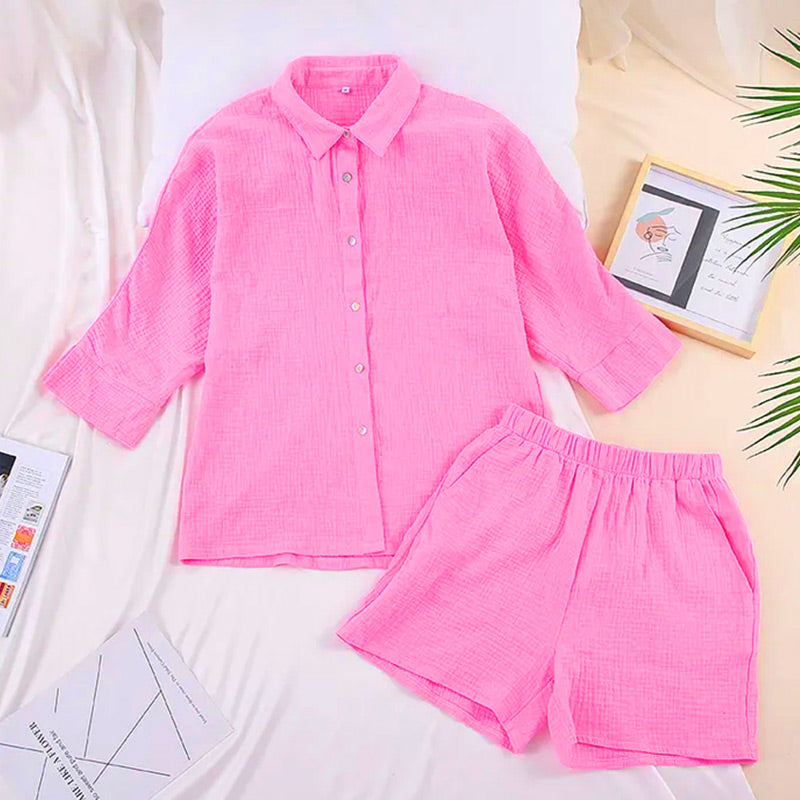 Shirt with button placket and shorts, 2-piece set