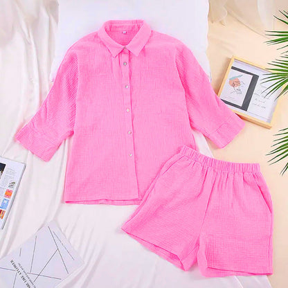 Shirt with button placket and shorts, 2-piece set
