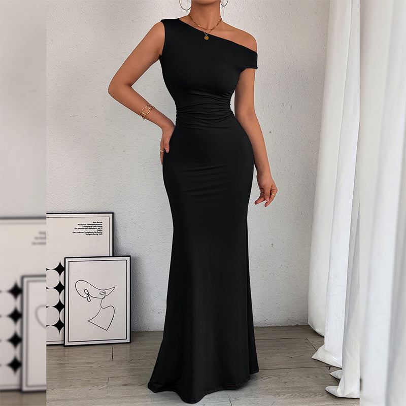 Women's One-Shoulder Ruched Fishtail Maxi Dress
