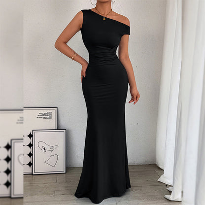 Women's One-Shoulder Ruched Fishtail Maxi Dress