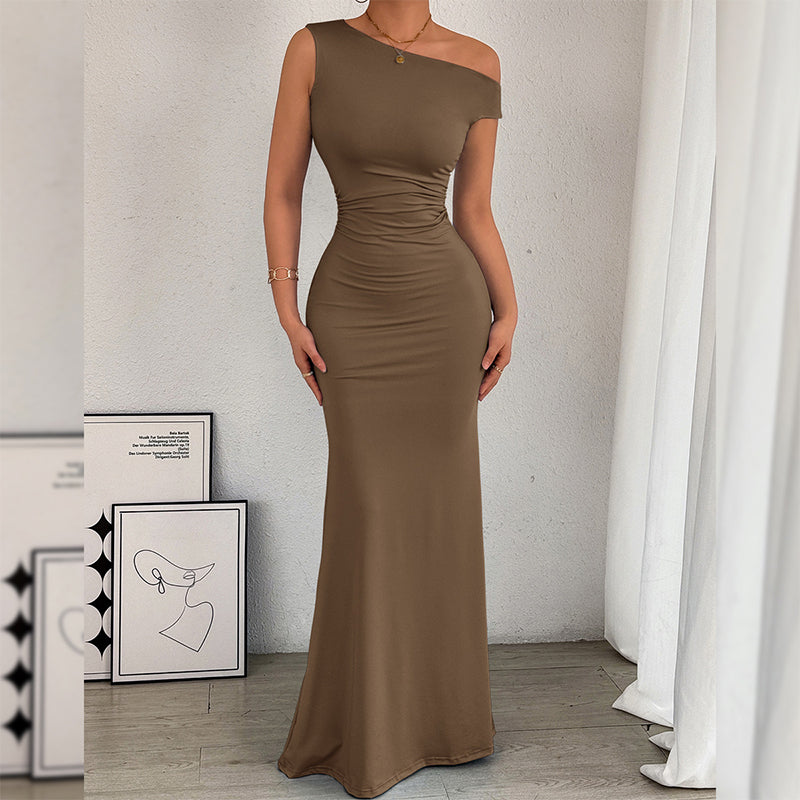 Women's One-Shoulder Ruched Fishtail Maxi Dress