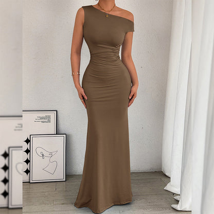 Women's One-Shoulder Ruched Fishtail Maxi Dress