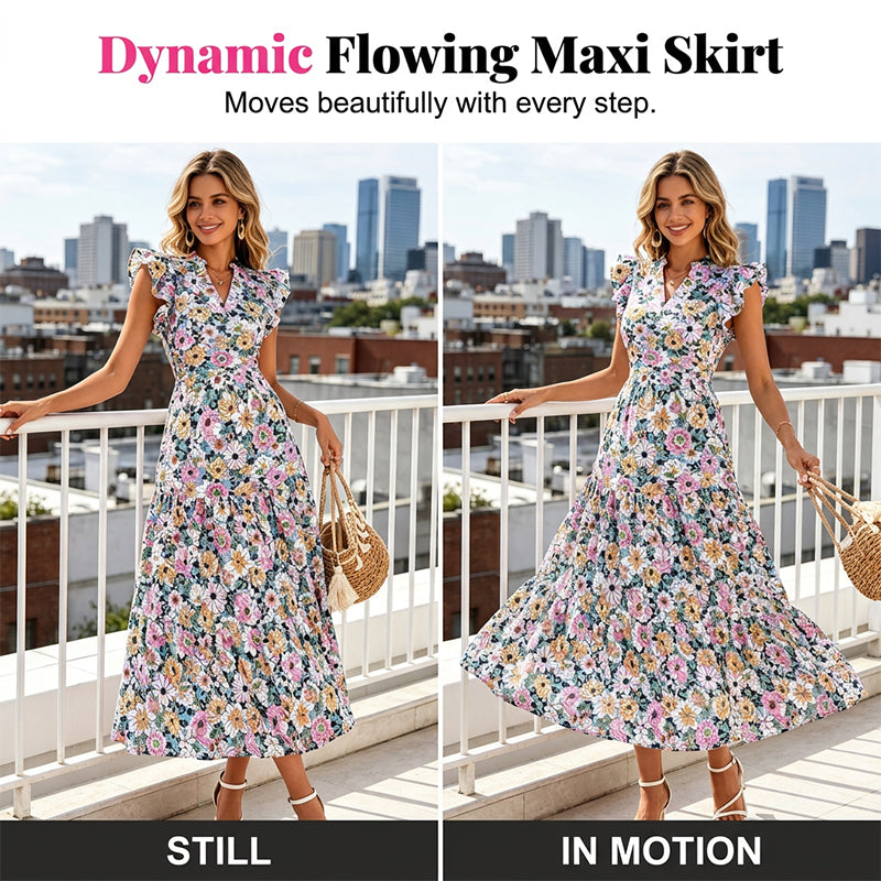 Women's Floral Print Dress with Flutter Sleeve