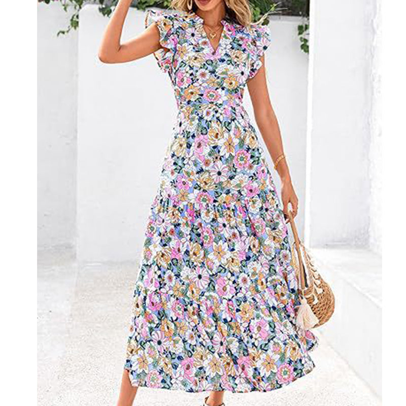 Women's Floral Print Dress with Flutter Sleeve
