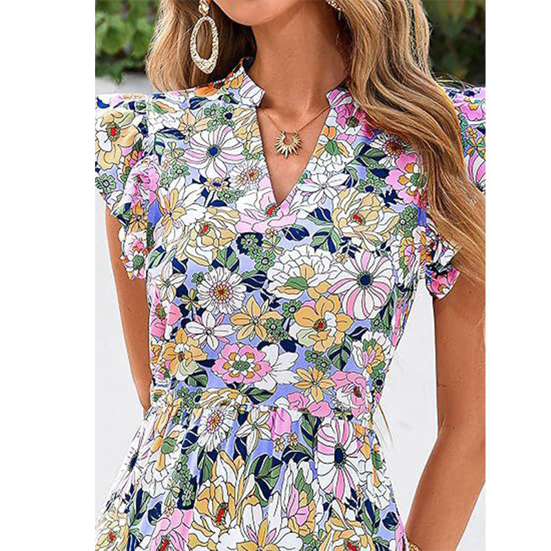 Women's Floral Print Dress with Flutter Sleeve