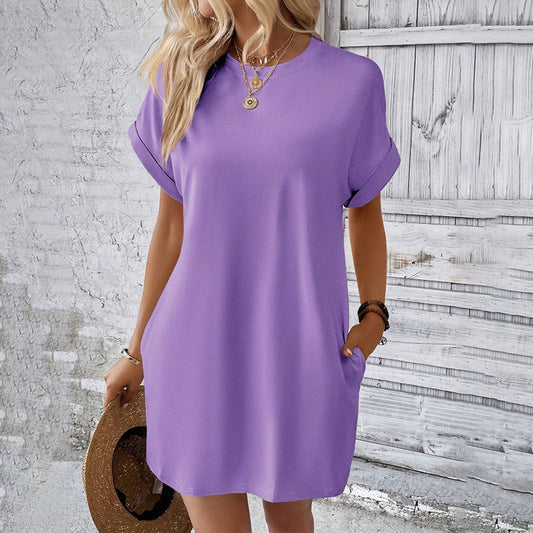 Solid Color Crew Neck Loose Tunic Dress