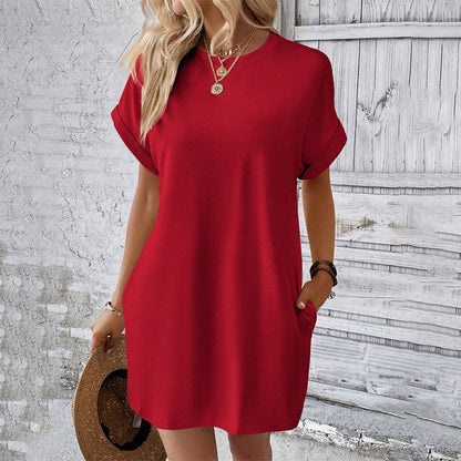 Solid Color Crew Neck Loose Tunic Dress