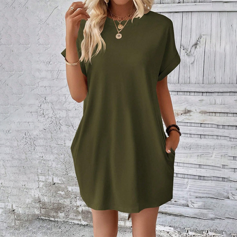 Solid Color Crew Neck Loose Tunic Dress