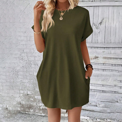 Solid Color Crew Neck Loose Tunic Dress