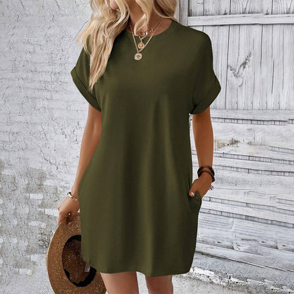 Solid Color Crew Neck Loose Tunic Dress