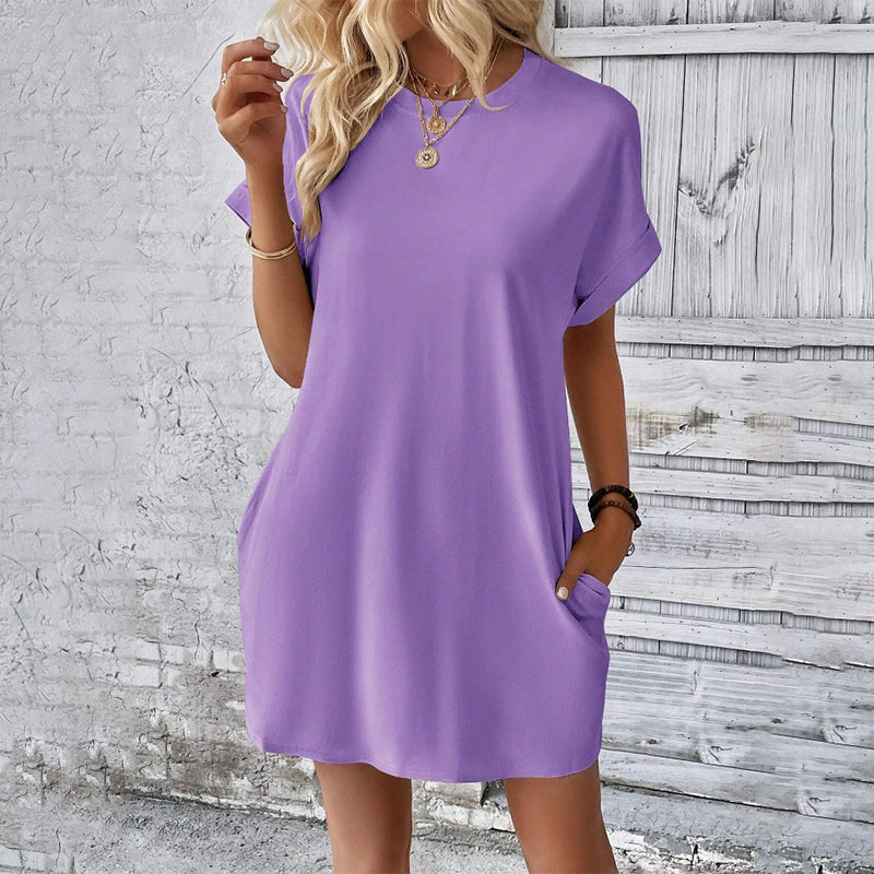 Solid Color Crew Neck Loose Tunic Dress