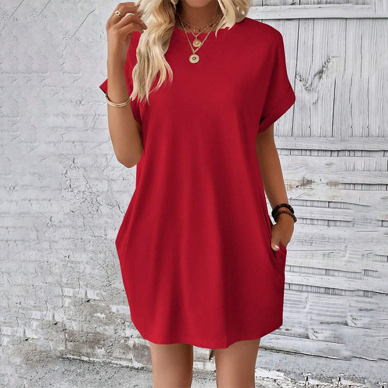 Solid Color Crew Neck Loose Tunic Dress