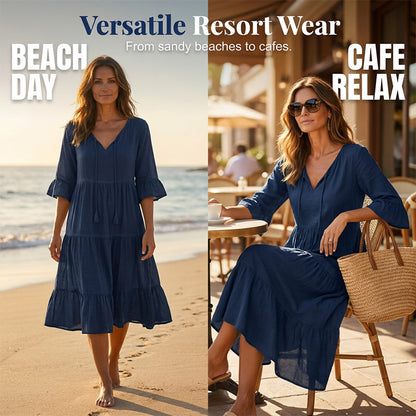 Women's V-Neck Tassel Tie Tiered Midi Dress
